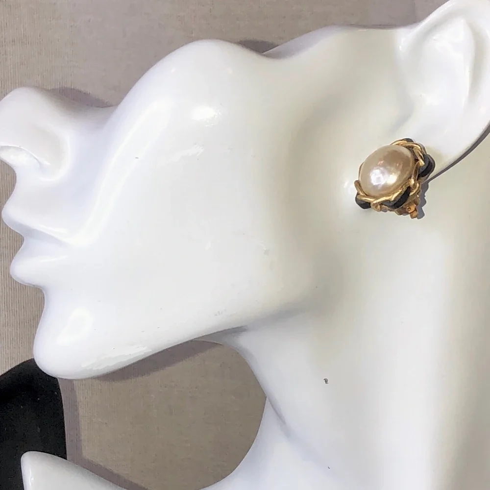 CHANEL Gold and Black Leather Wrapped Pearl Statement Earrings w/ Box